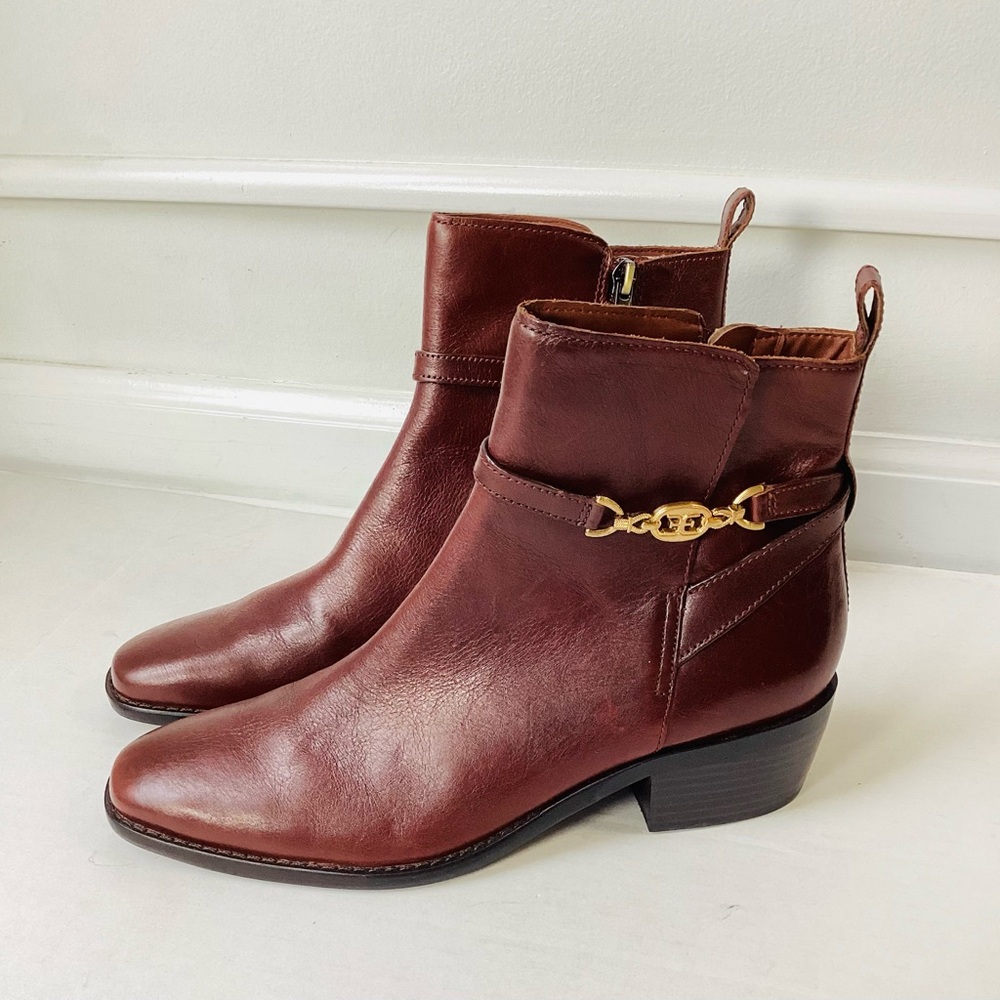 Sam Edelman Burgandy Leather Ankle Boots with Gold Chain Detail
